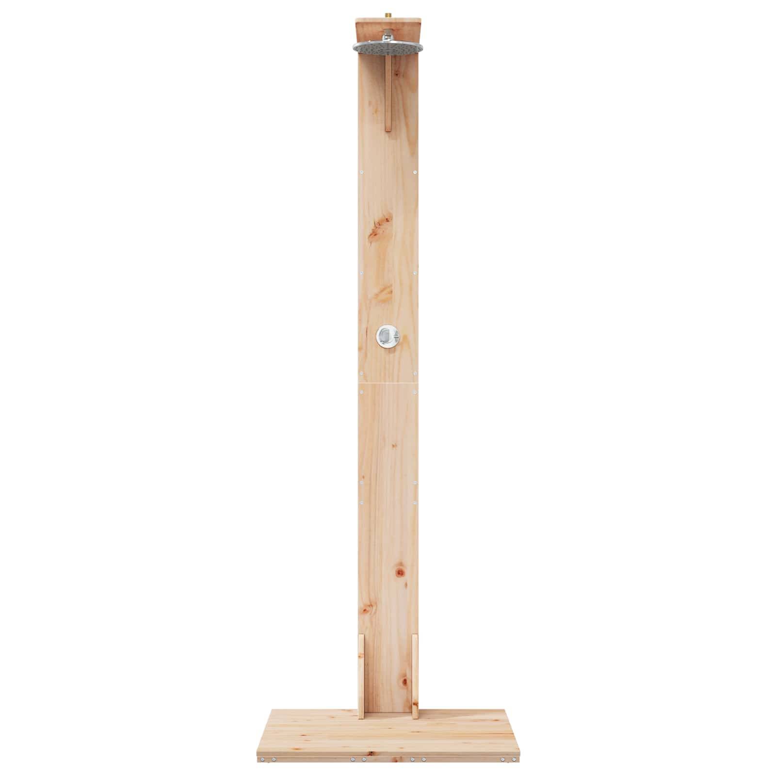 Holzduschständer für den Außenbereich mit Basis, vertikalem Pfosten und oberer Duschkopf vor weißem Hintergrund.
