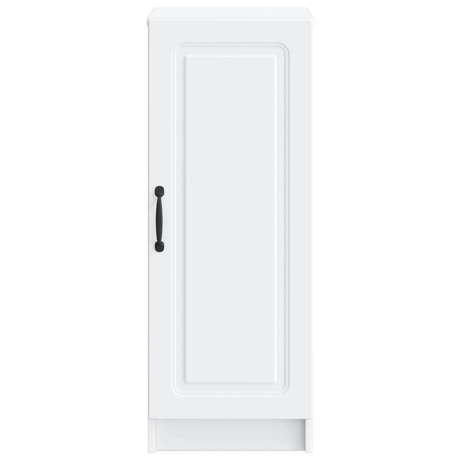 Weißer eintüriger Schrank mit schwarzem vertikalem Griff, Vorderansicht vor neutralem Hintergrund.