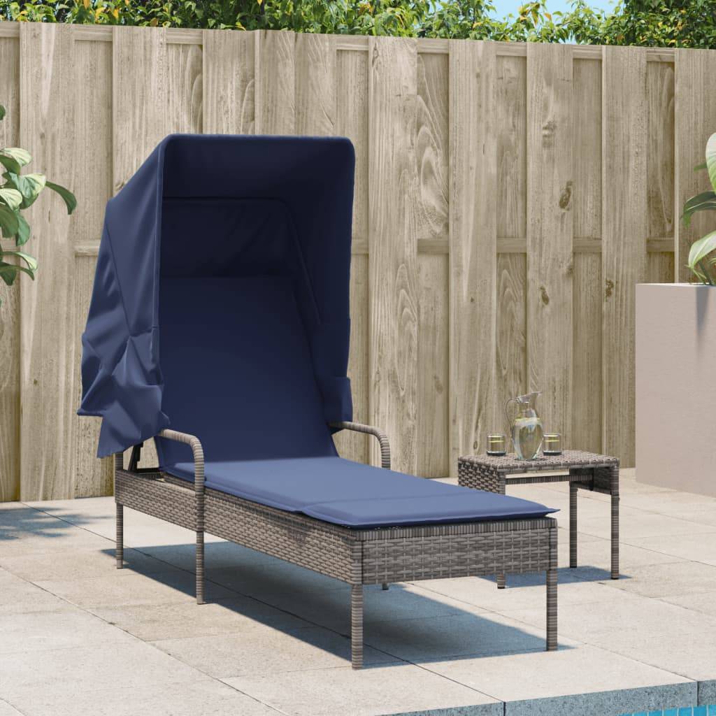 vidaXL Sonnenliege mit Sonnendach und Tisch Grau Polyrattan