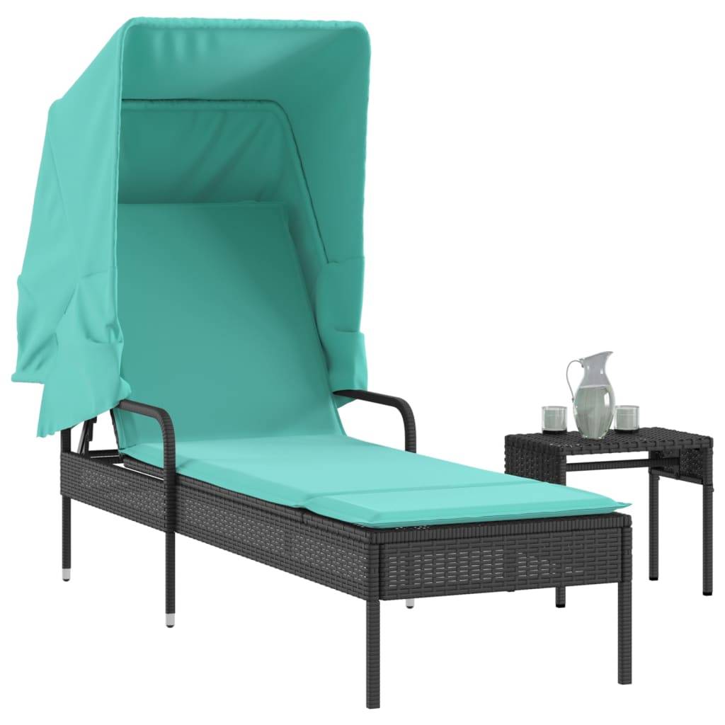 vidaXL Sonnenliege mit Sonnendach und Tisch Schwarz Polyrattan