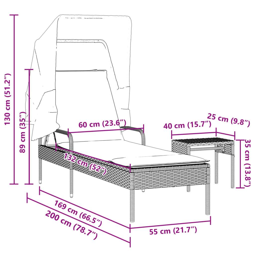 vidaXL Sonnenliege mit Sonnendach und Tisch Schwarz Polyrattan