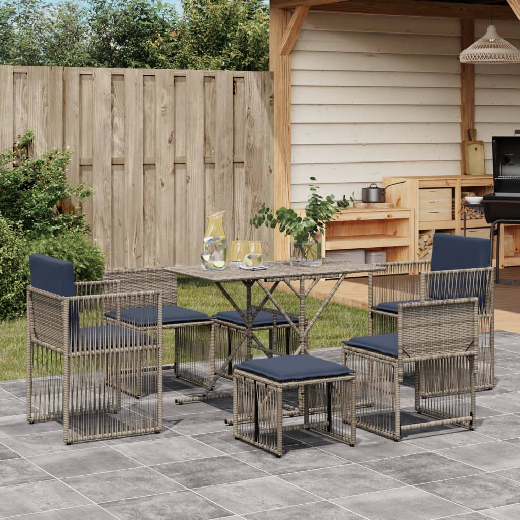 vidaXL 7-teiliges Garten-Essset mit Kissen Grau Polyrattan