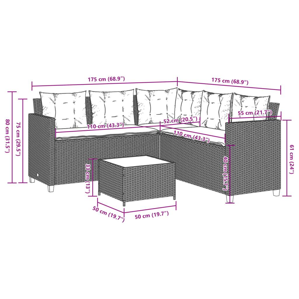 vidaXL Gartensofa mit Tisch und Kissen L-förmig Schwarz Polyrattan