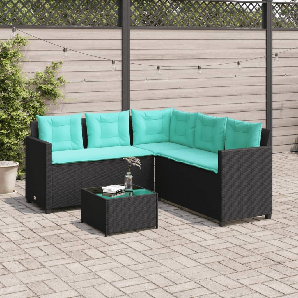 vidaXL Gartensofa mit Tisch und Kissen L-förmig Schwarz Polyrattan