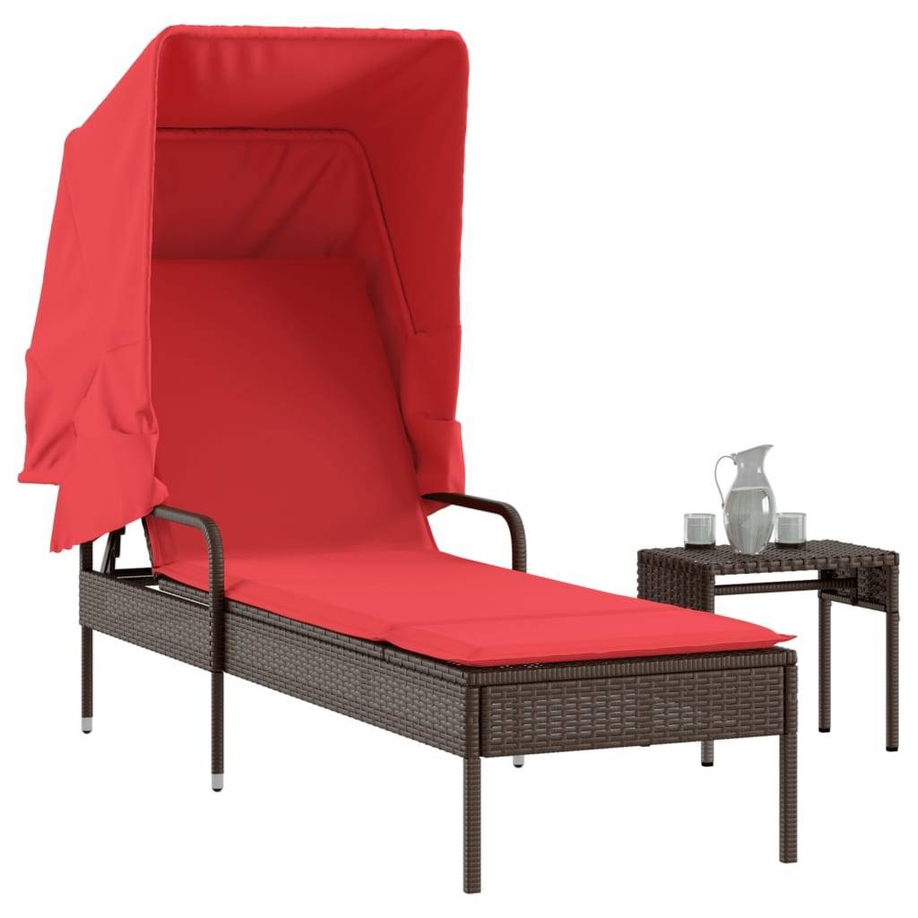 vidaXL Sonnenliege mit Sonnendach und Tisch Braun Polyrattan