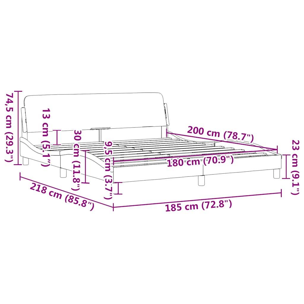 Bemaßte Zeichnung eines umwandelbaren Schlafsofa mit Gesamtabmessungen und Schlüsselmessungen: 218 cm breit, 185 cm lang, 74,5 cm hoch, mit Bettabmessungen von 200 cm und 180 cm.