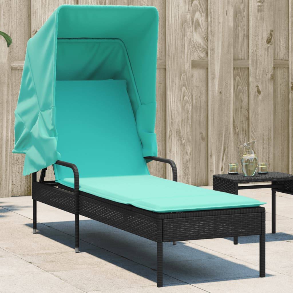 vidaXL Sonnenliege mit Sonnendach Schwarz Poly-Rattan