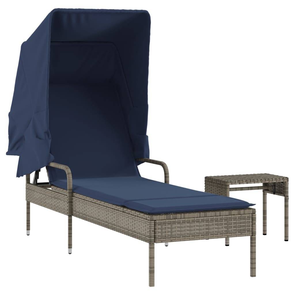 vidaXL Sonnenliege mit Sonnendach und Tisch Grau Polyrattan