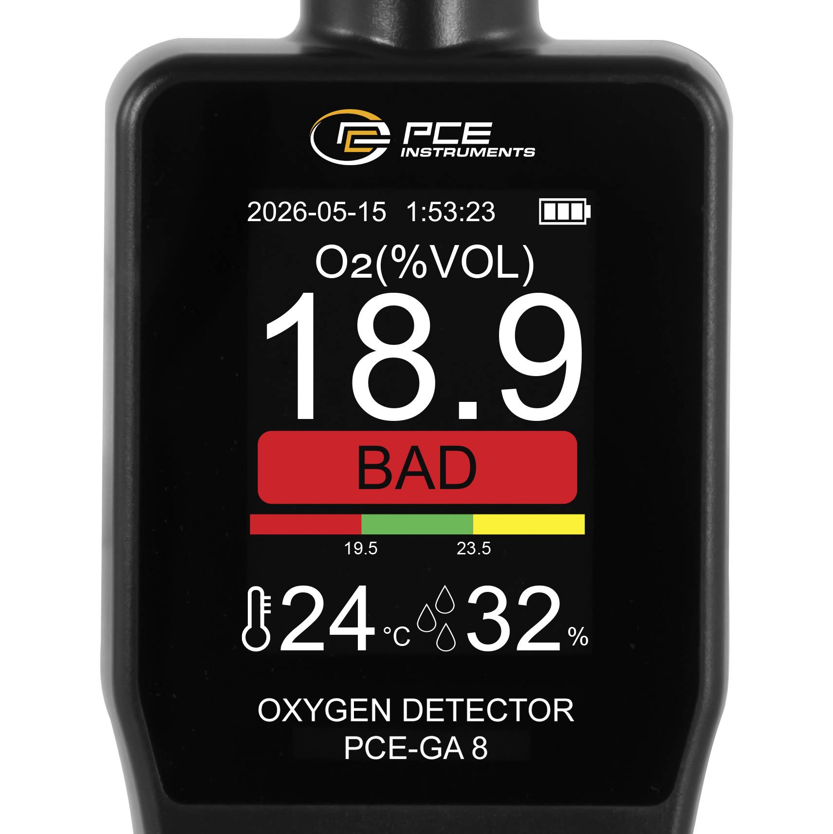 PCE Instruments Sauerstoffdetektor PCE-GA 8 |Messbereich 0 … 30 % Vol. |Auflösung 0,1 % Vol. |Genauigkeit ±0,3 % v.Mw.