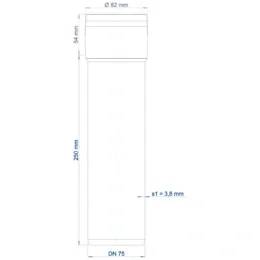 Technisches Diagramm eines Rohrabschnitts mit Abmessungen: 82 mm Oberdurchmesser, 54 mm oberer Abschnitt, 250 mm Länge, 5,1 bis 3,8 mm Wanddicke und DN 75 unten.