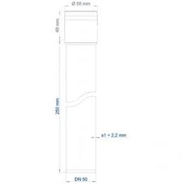 Technische Zeichnung einer zylindrischen Rohrverschraubung mit Bezeichnung DN 50, mit dargestellten Abmessungen Ø55 mm, 49 mm, 290 mm und Wandstärke 2,2 mm.