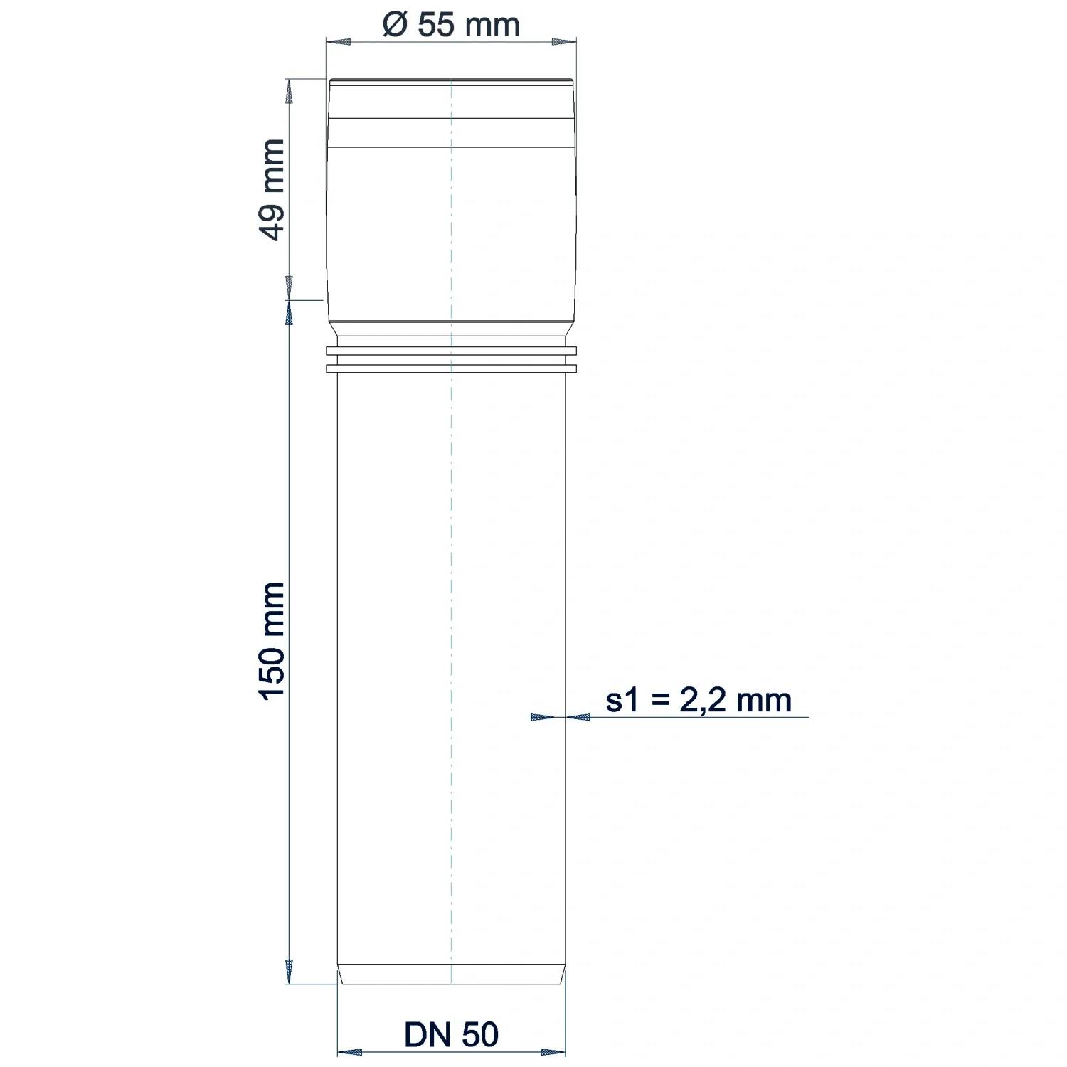 Technische Maßzeichnung einer Rohrverbindung: Zylindrischer Verbinder mit der Bezeichnung DN 50, 55 mm Durchmesser, 49 mm Oberteil, 150 mm Körperlänge und 2,2 mm Wandstärke.