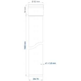 Technische Zeichnung eines vertikalen Rohrabschnitts mit Bezeichnung DN 75, zeigt die Abmessungen Ø62 mm, 64 mm, 1560 mm und Wandstärke t1 = 3,8 mm.