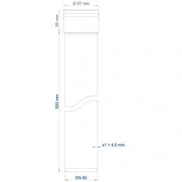 Technisches Diagramm eines zylindrischen Rohrs oder Kanalabschnitts, gekennzeichnet mit Abmessungen: Durchmesser 97 mm, Länge 600 mm und Anschlussgröße DN 90, mit einer gekennzeichneten Wandstärke von 4,5 mm.