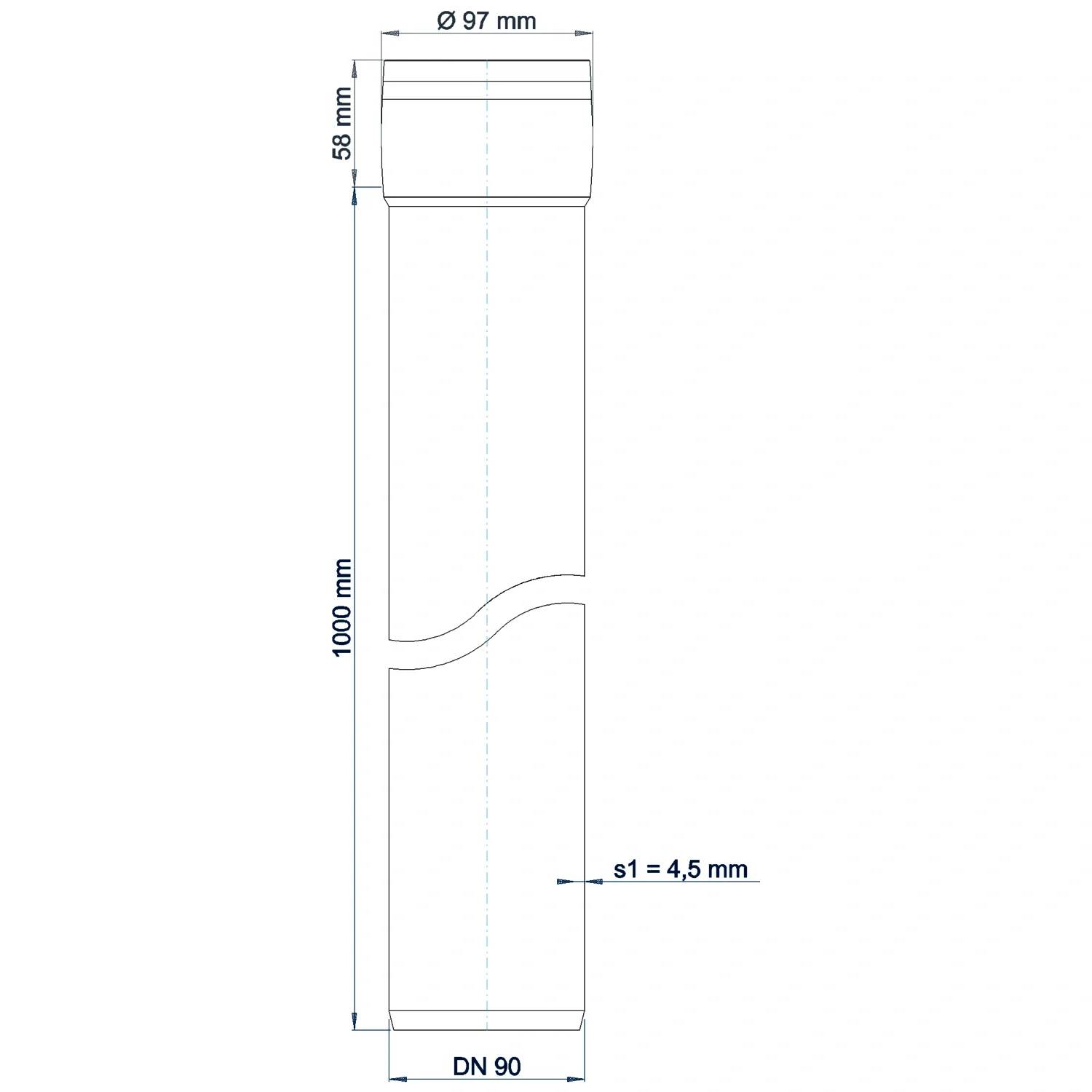 Technische Maßzeichnung eines Rohrabschnitts, beschriftet Ø97 mm, 58 mm, 1000 mm, s1 = 4,5 mm und DN 90.