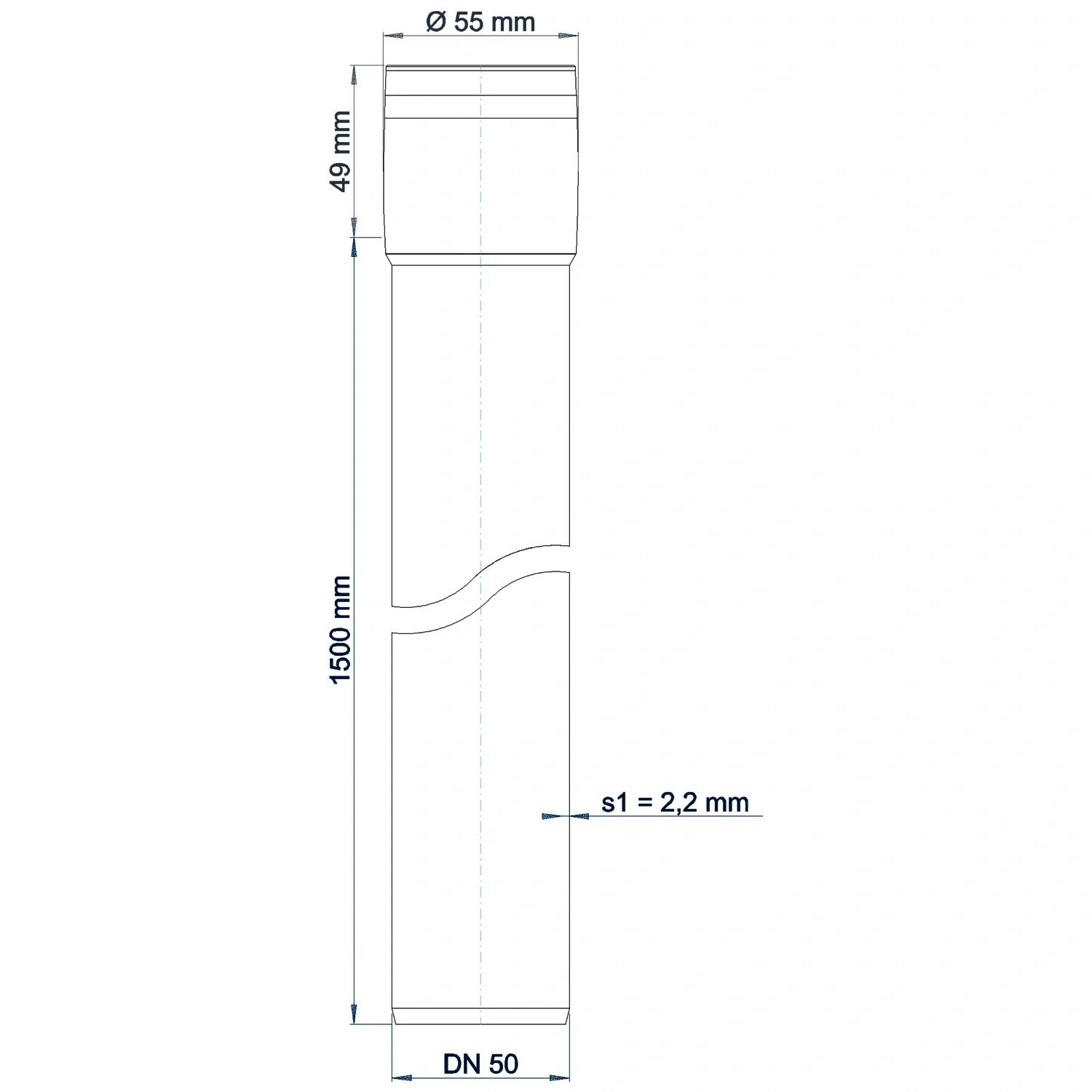 Technische Zeichnung eines zylindrischen Rohrabschnitts mit der Bezeichnung DN 50, mit den Abmessungen Ø55 mm, 49 mm, 1500 mm und Wandstärke s1 = 2,2 mm.