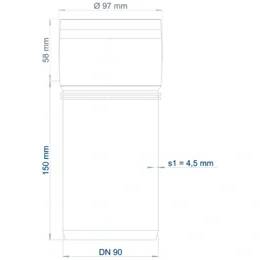 Technische Zeichnung einer zylindrischen Rohrverbindung, gekennzeichnet mit Ø97 mm, 58 mm, 150 mm, s1 = 4,5 mm und DN 90.