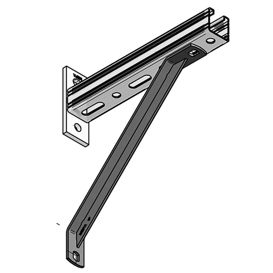 Wandmontierte Metallhalterung mit diagonal angebrachtem Aussteifer, befestigt an einer Horizontalschiene, dargestellt in einer technischen Produktabbildung.