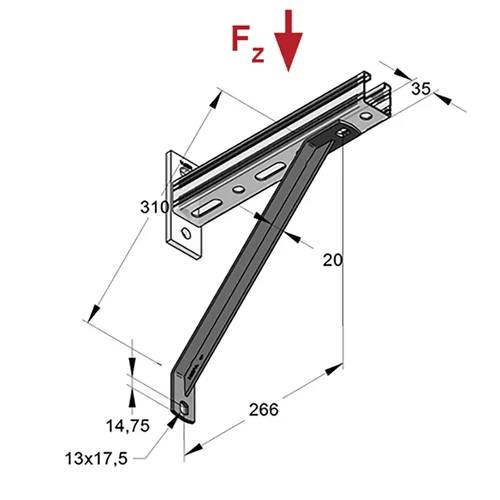 Technisches Diagramm einer wandmontierten Halterung mit einem abgewinkelten Stützarm, der die Lanskraft Fz und wichtige Abmessungen mit den Bezeichnungen 310, 266, 35, 20, 14,75 und 13x17,5 zeigt.