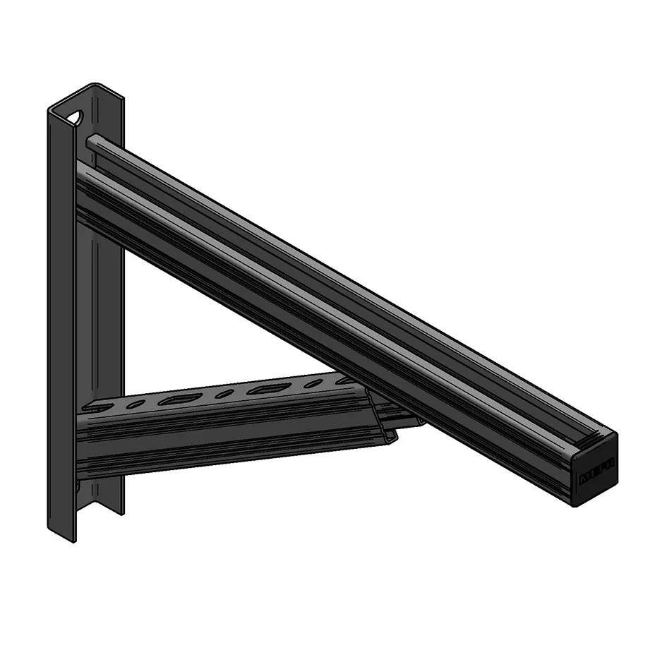 Schwarze, wandmontierte Metallklammer mit langem diagonalem Stützarm und perforierten Halterungen, dargestellt in einer produktstilisierten Illustration auf weißem Hintergrund