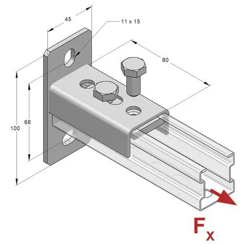 Diagramm einer Metallmontageklammer, die an einer Schiene befestigt ist, mit beschrifteten Abmessungen 45, 11 x 15, 80, 68 und 100, sowie einem roten Kraftpfeil Fx am Ende der Schiene.