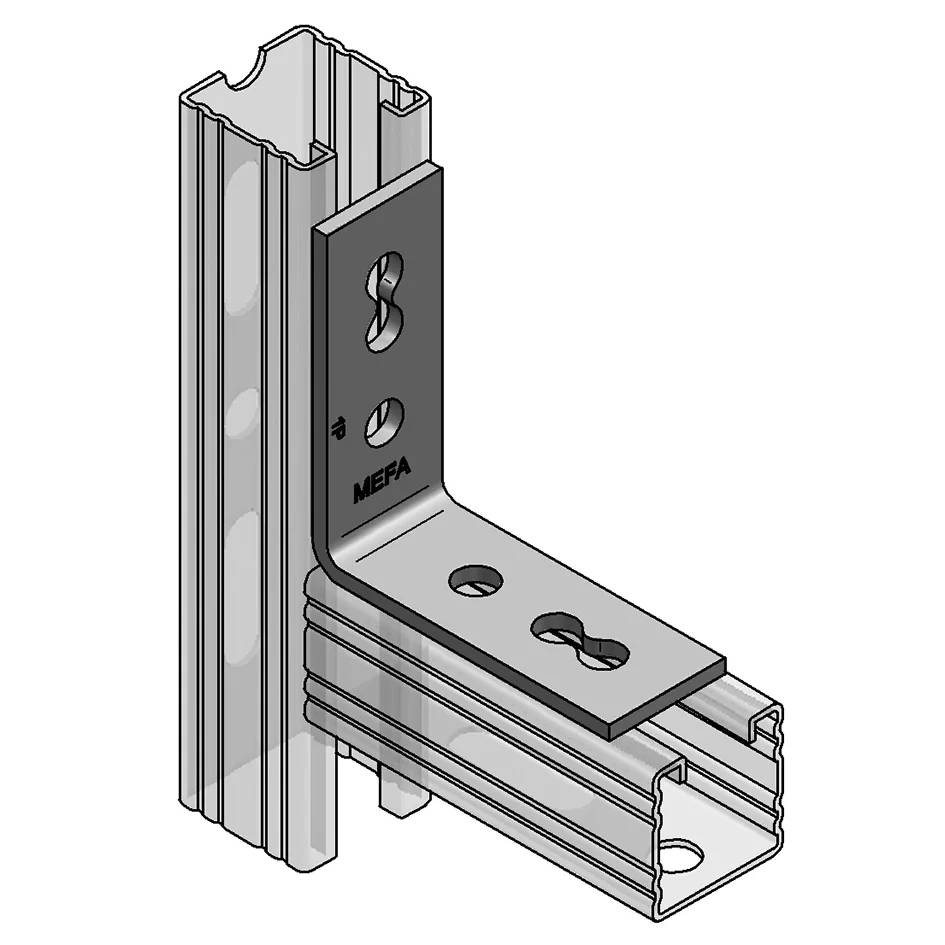 3D technische Illustration eines metallenen L-förmigen Verbindungselements mit Schlitzlöchern, angebracht an zwei Strukturprofilen.