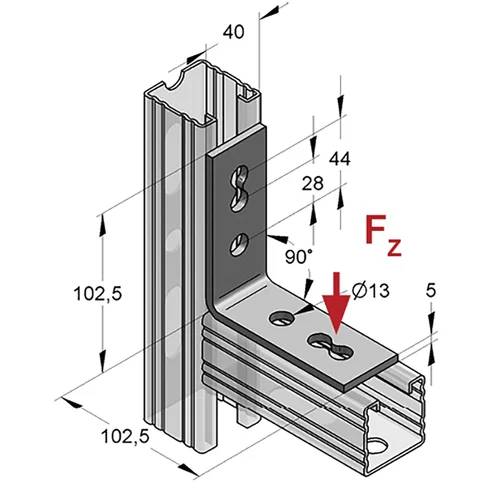 Technische Zeichnung einer Aluminium-Eckverbindung mit beschrifteten Abmessungen, die eine 90°-Verbindung und einen Kraftpfeil 'Fz' in Abwärtsrichtung am Schlitzloch zeigen.