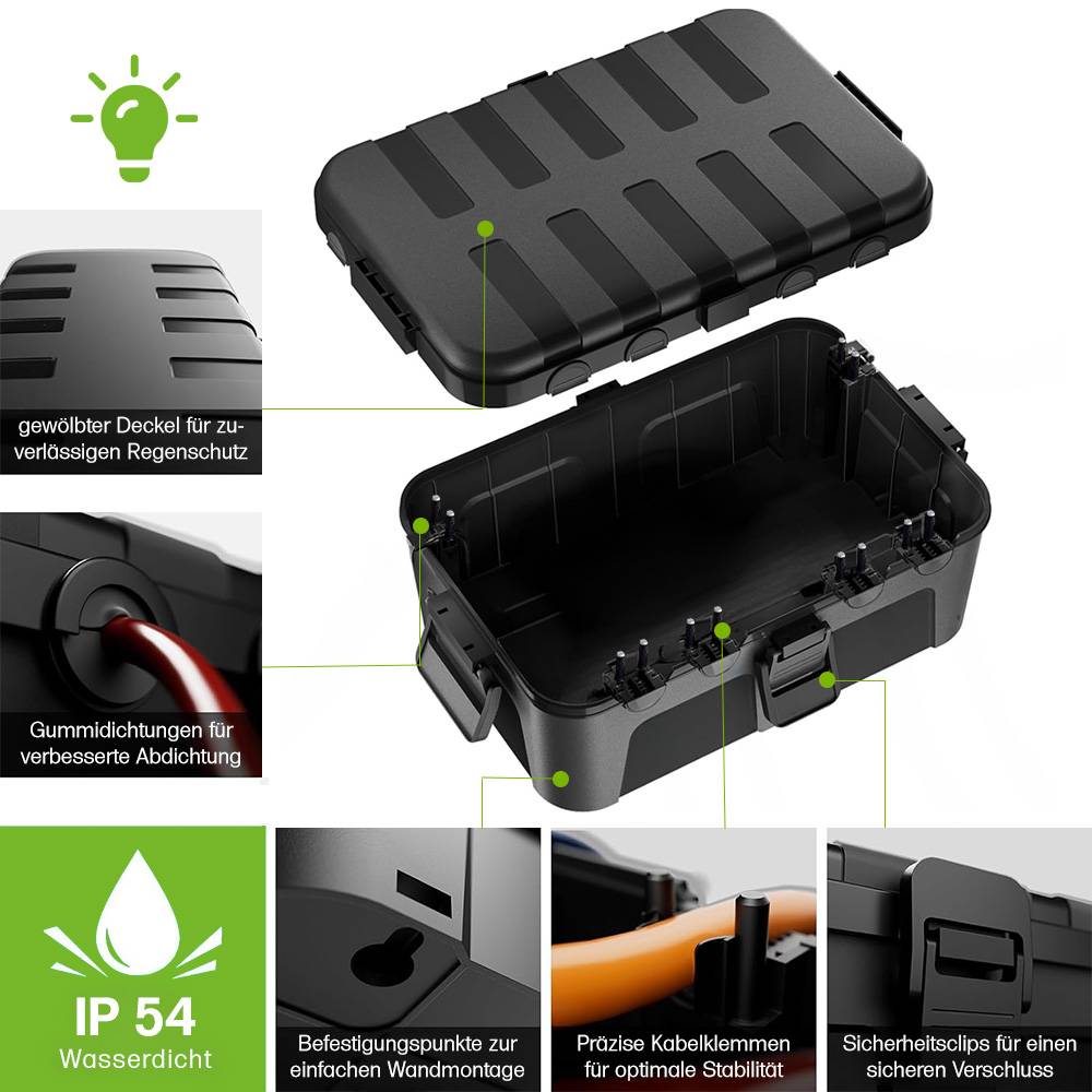 Offgridtec wasserdichte Kabelbox IP44, 6 Eingänge, schwarz, für Kabel bis 12mm