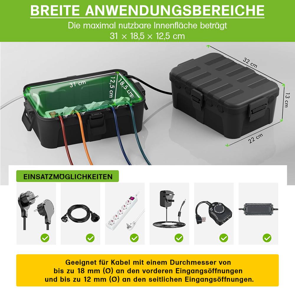 Offgridtec wasserdichte Kabelbox IP44, 6 Eingänge, schwarz, für Kabel bis 12mm