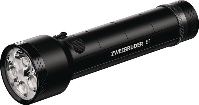 Schwarze ZWEIBRÜDER 8T-Taschenlampe in Seitenansicht auf weißem Hintergrund, mit vier LEDs im Kopf.