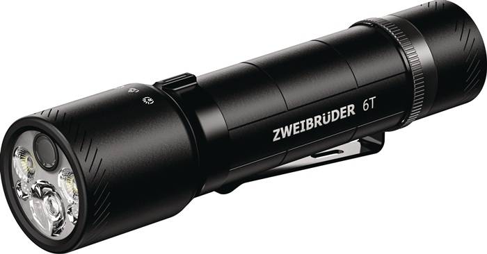 Schwarze Zwergbruder 6T Taschenlampe mit drei LED-Leuchtmitteln und Clip, dargestellt vor weißem Hintergrund.