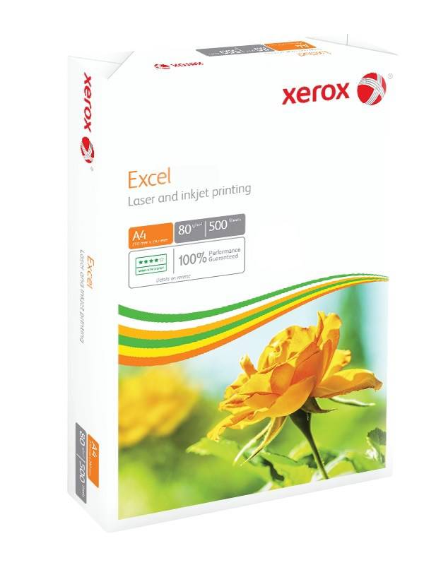 Xerox Excel Laser- und Tintenstrahl-Druckerpapier, A4, 80 g/m², 500 Blatt, mit gelbem Blumenmotiv auf der Verpackung.