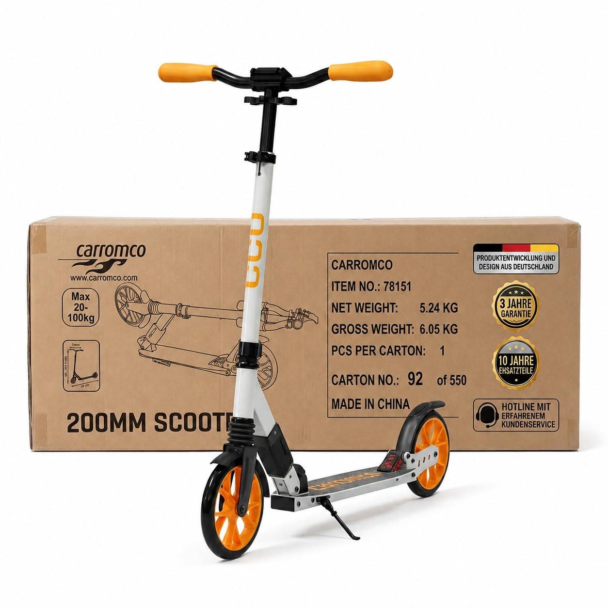 Carromco Scooter Cityroller für Kinder ab 6 Jahren - Roller Dreamliner - klappbarer Tretroller mit großen 200mm Rädern, höhenverstellbar