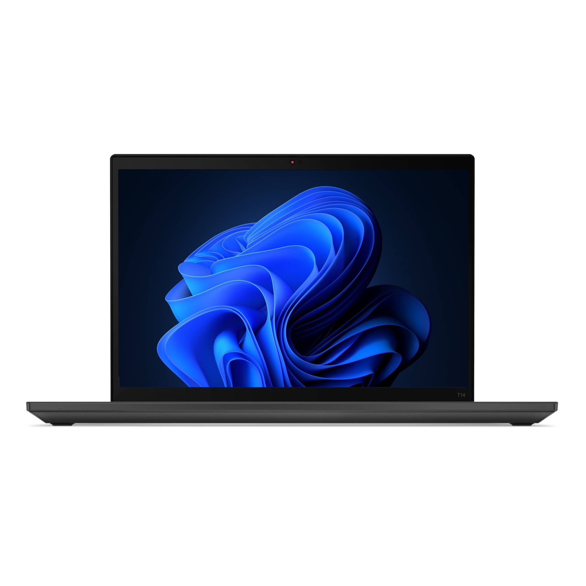 Vorderansicht eines schwarzen Laptops, der auf weißem Hintergrund geöffnet ist und ein blaues abstraktes Wirbel-Hintergrundbild auf dem Bildschirm zeigt.