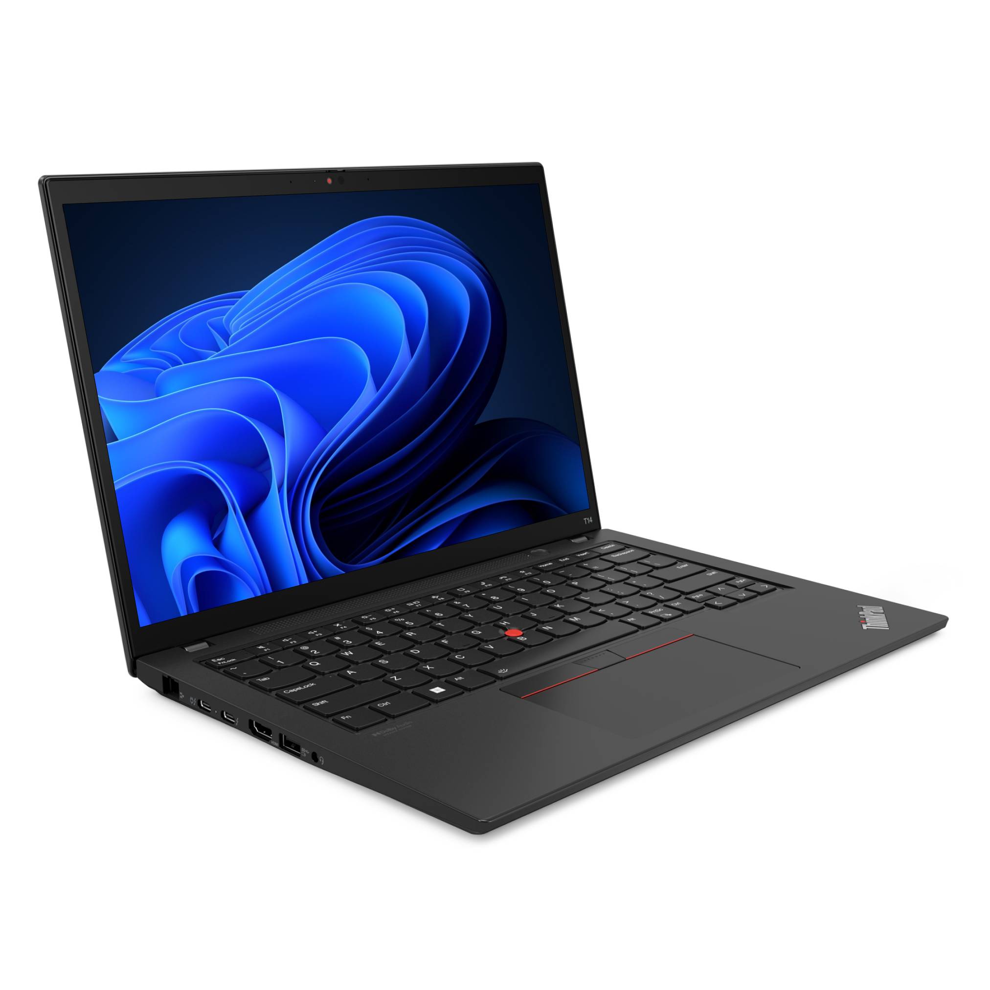 Schwarzer Lenovo ThinkPad-Laptop in schrägem Winkel geöffnet, zeigt eine blaue abstrakte Windows-ähnliche Tapete auf dem Bildschirm.