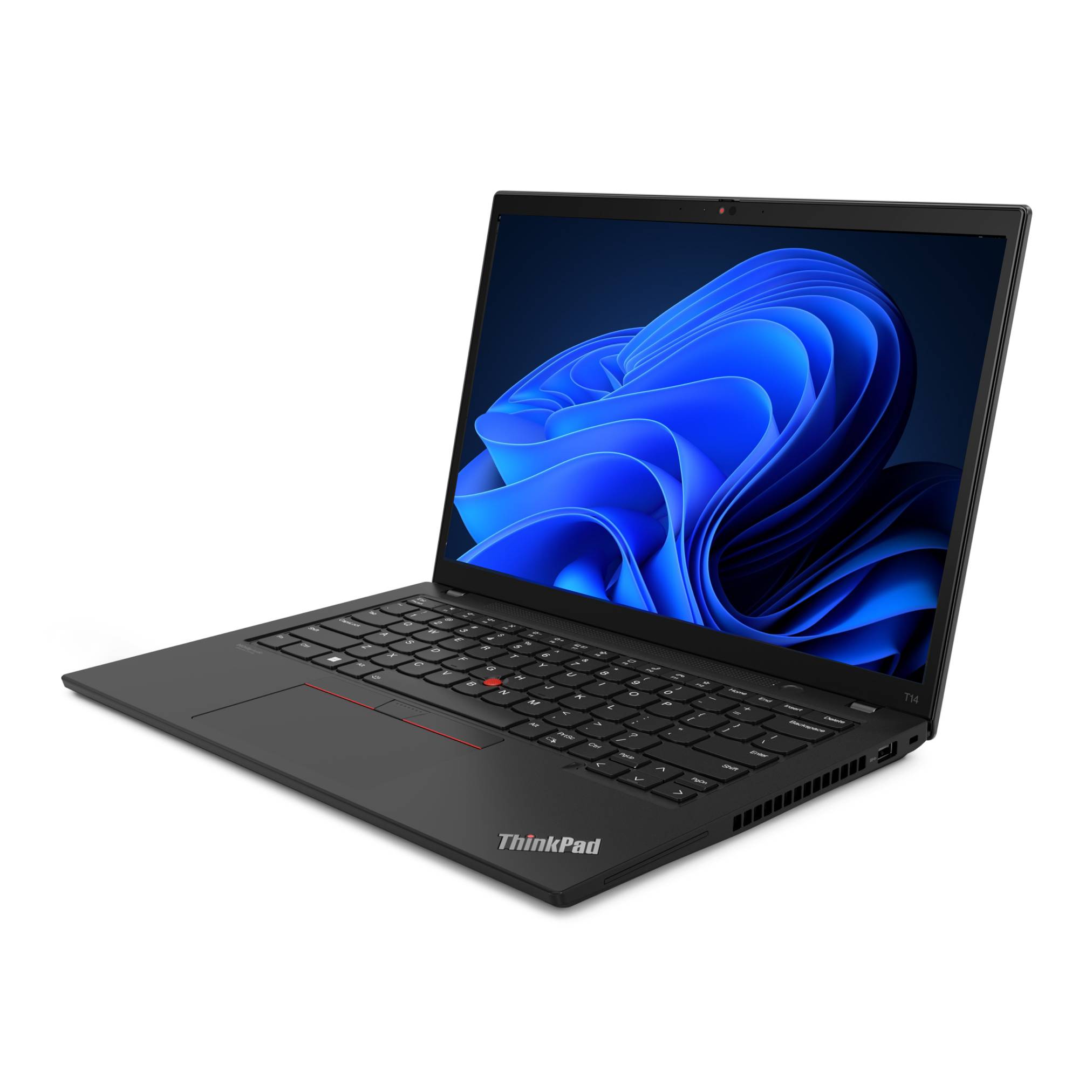 Schwarzer Lenovo ThinkPad Laptop, der im Winkel geöffnet ist und einen blauen abstrakten Windows-ähnlichen Hintergrund auf dem Bildschirm zeigt.