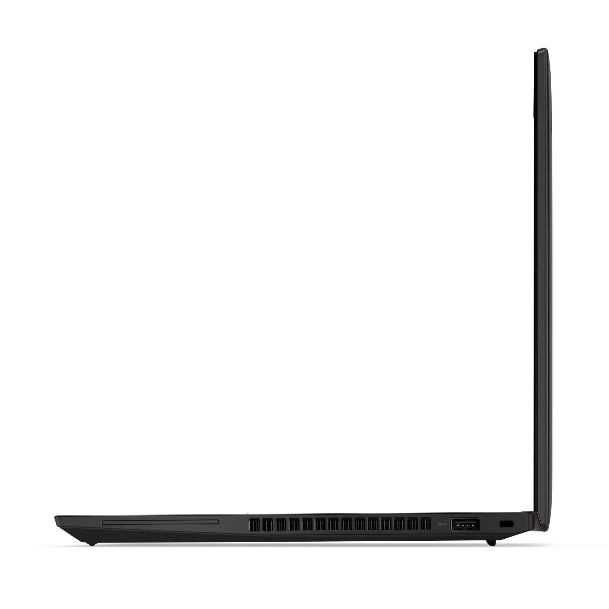 Seitenansicht eines schlanken schwarzen Laptops, der in einem 90-Grad-Winkel geöffnet ist und den geschlossenen Bildschirm und die belüftete Basis auf weißem Hintergrund zeigt.