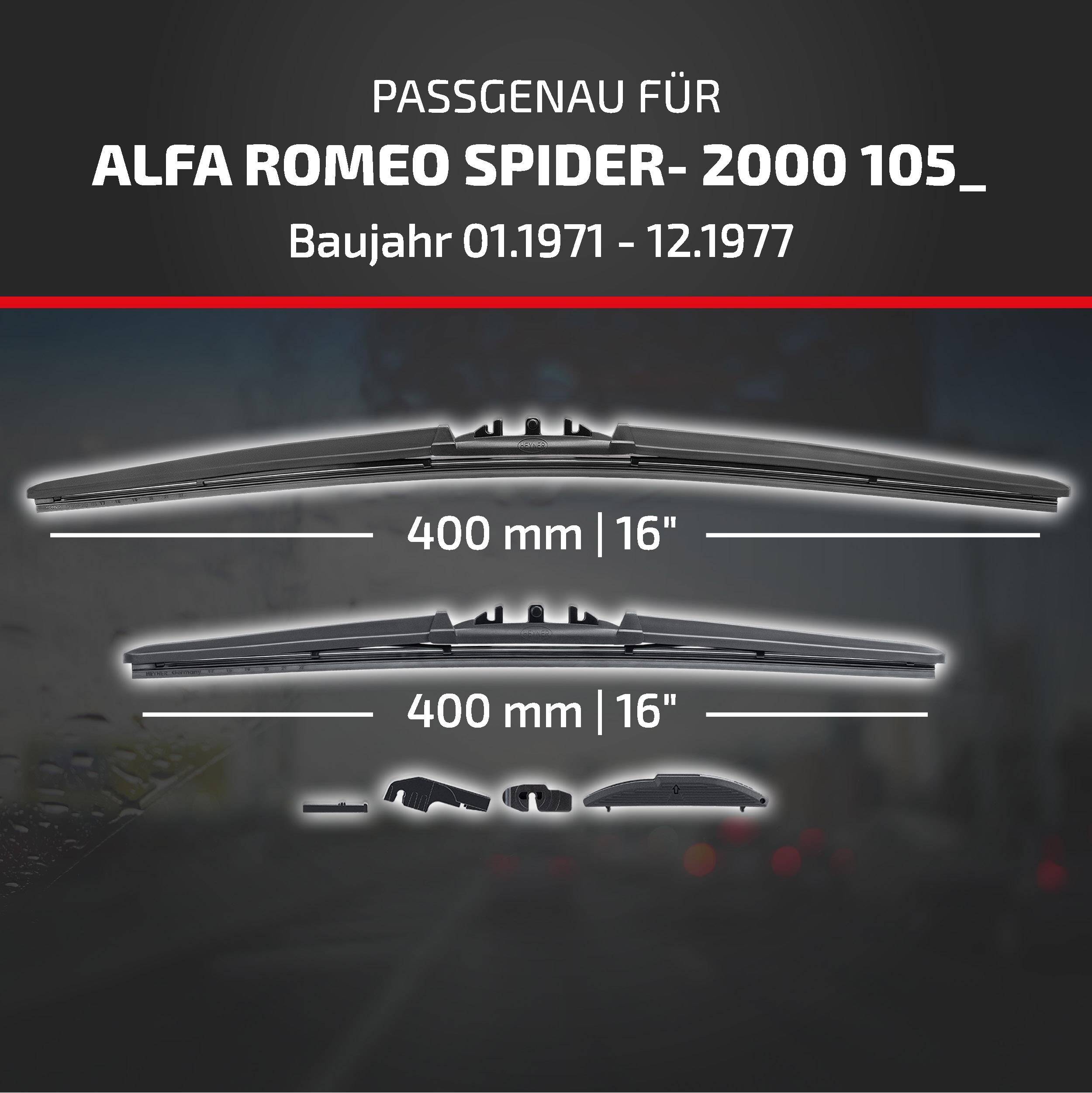 Kompatibilitätsgrafik für Alfa Romeo Spider 2000 105, Baujahre 01.1971-12.1977, mit zwei 400 mm (16 Zoll) Scheibenwischblättern.