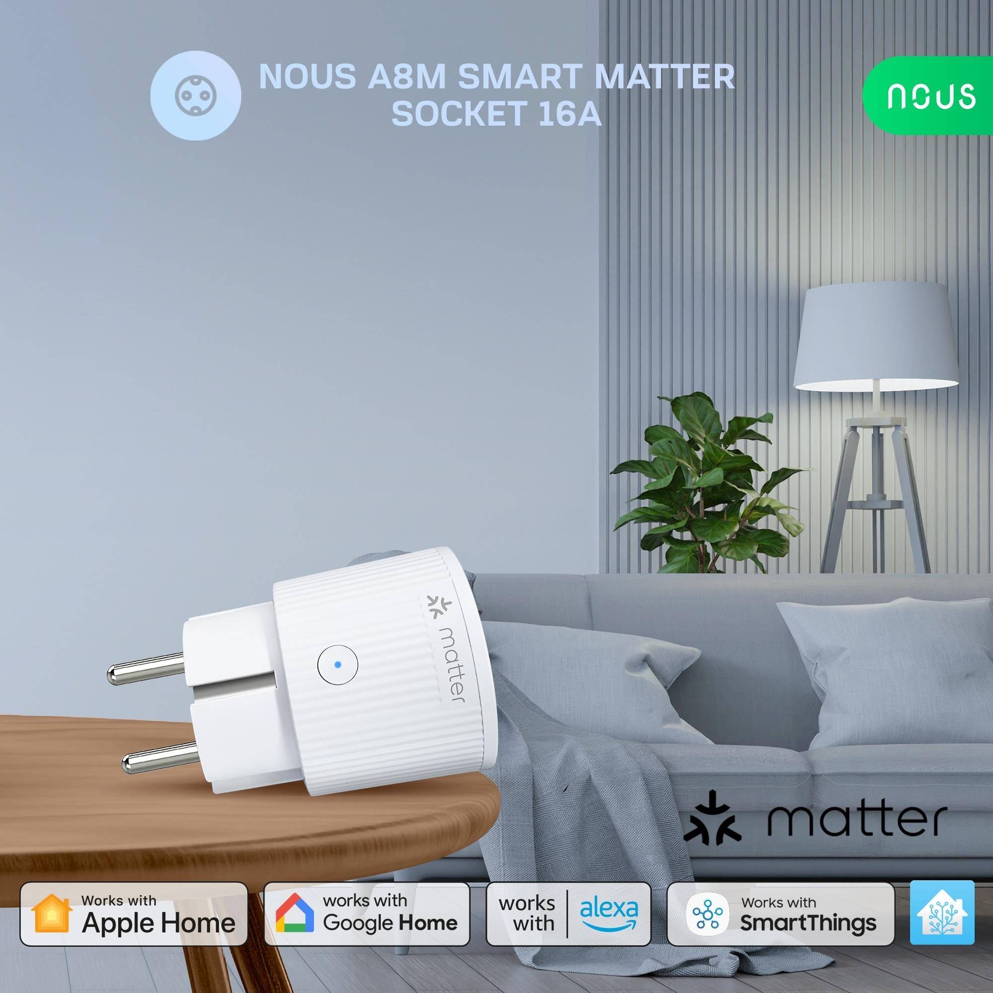 Nous A8M Smart Matter Steckdosen, WLAN, Energieüberwachung, Sprachsteuerung, 16A, 220-240V - Set Inhalt: 2er Set