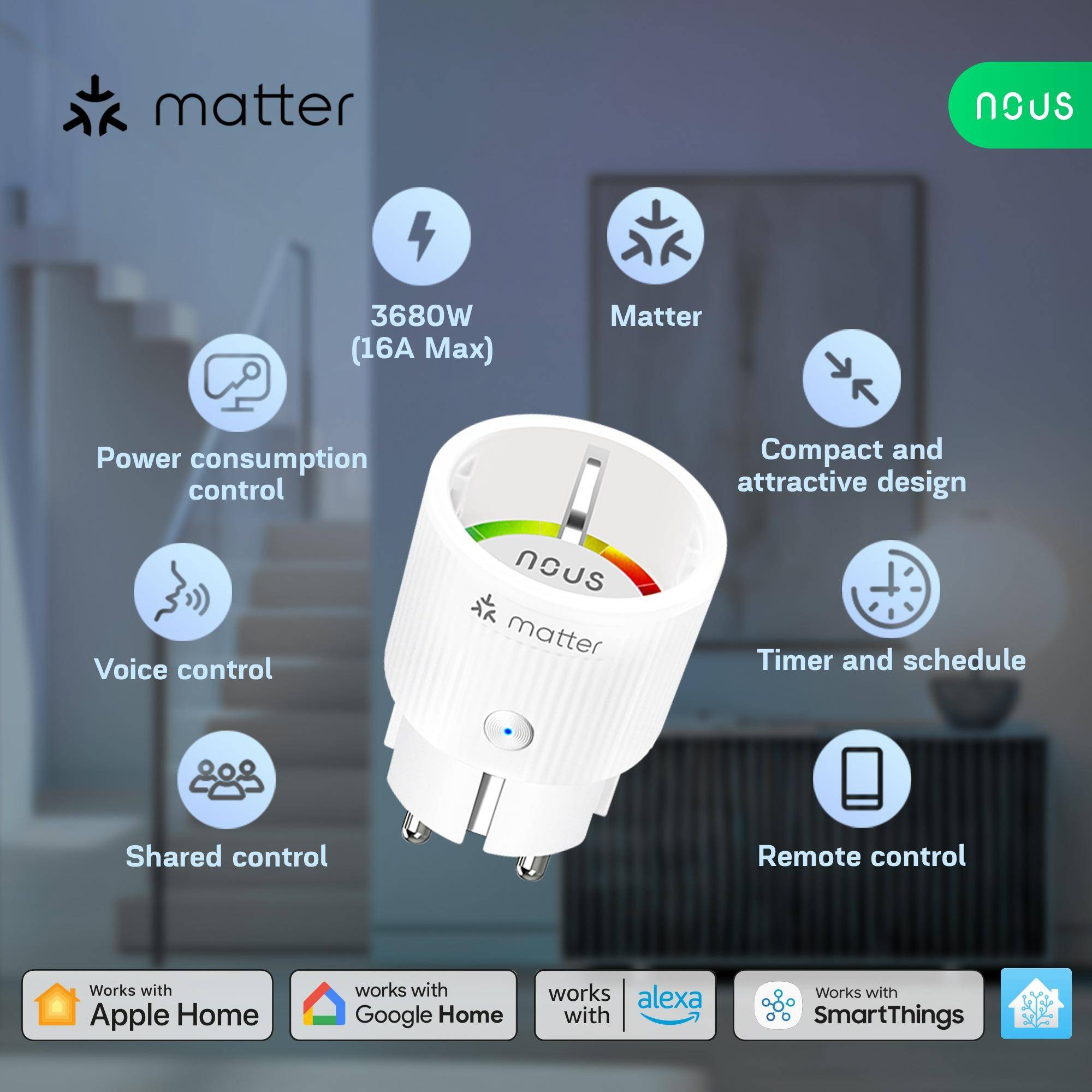 Nous A8M Smart Matter Steckdosen, WLAN, Energieüberwachung, Sprachsteuerung, 16A, 220-240V - Set Inhalt: 2er Set
