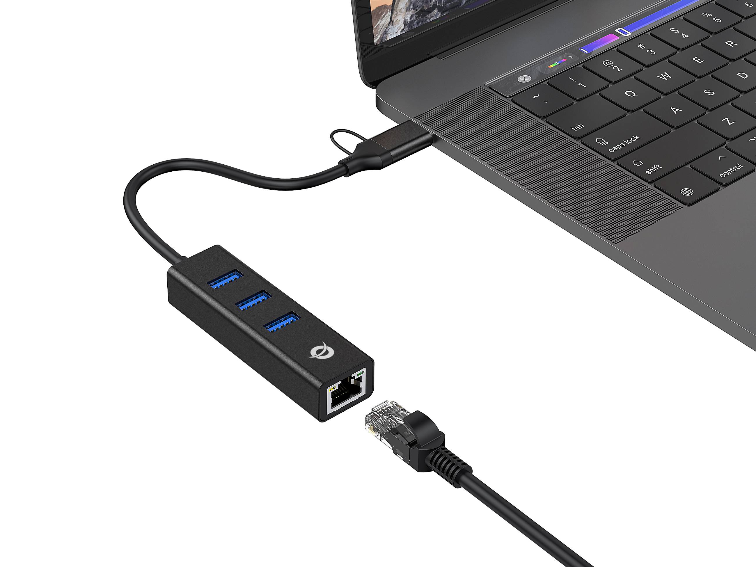 Conceptronic Adapter USB3.0-> RJ45.3xUSB3.0 TypC Ad 0.15m sw - Adapter - Netzwerk