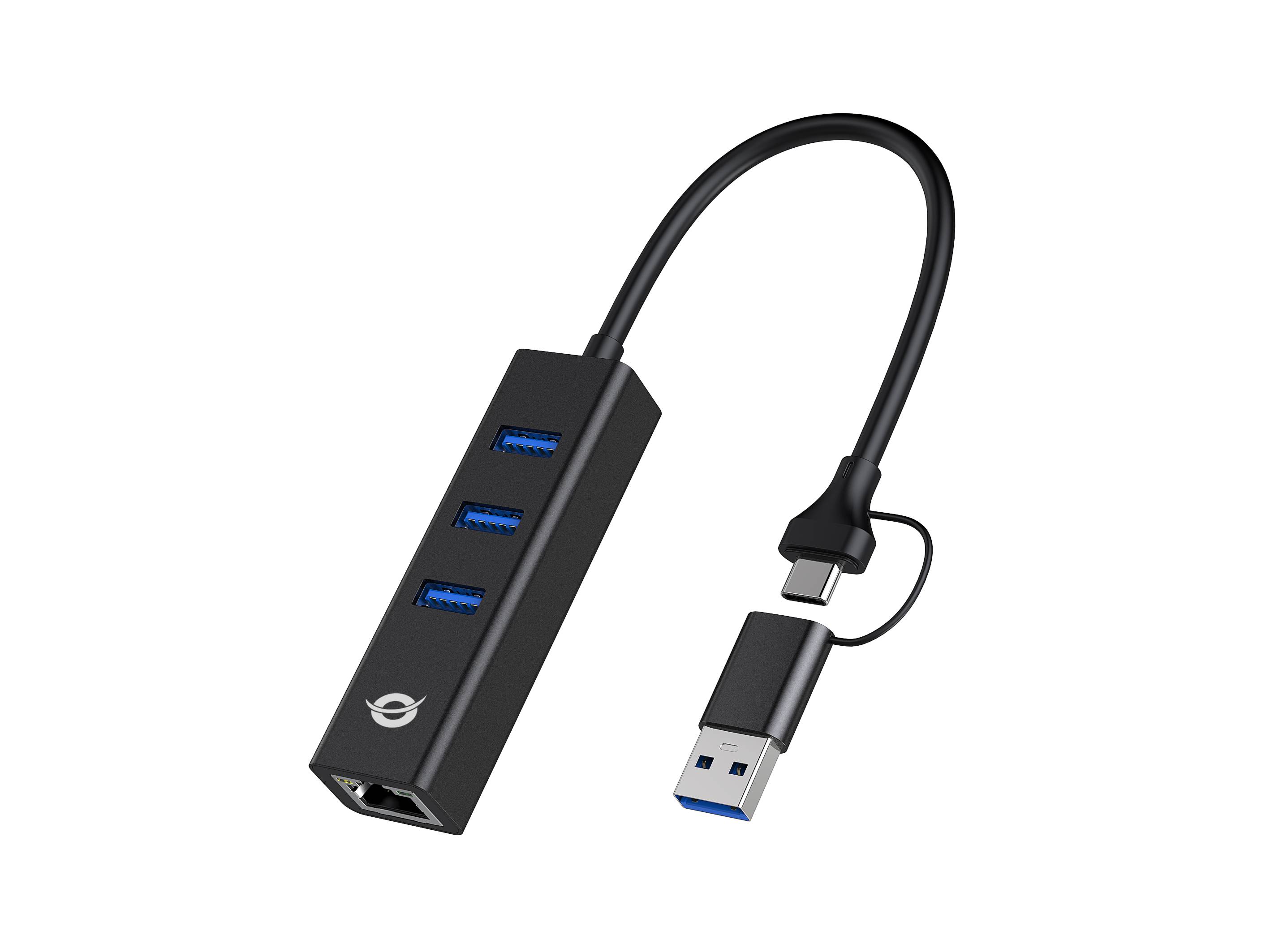 Conceptronic Adapter USB3.0-> RJ45.3xUSB3.0 TypC Ad 0.15m sw - Adapter - Netzwerk