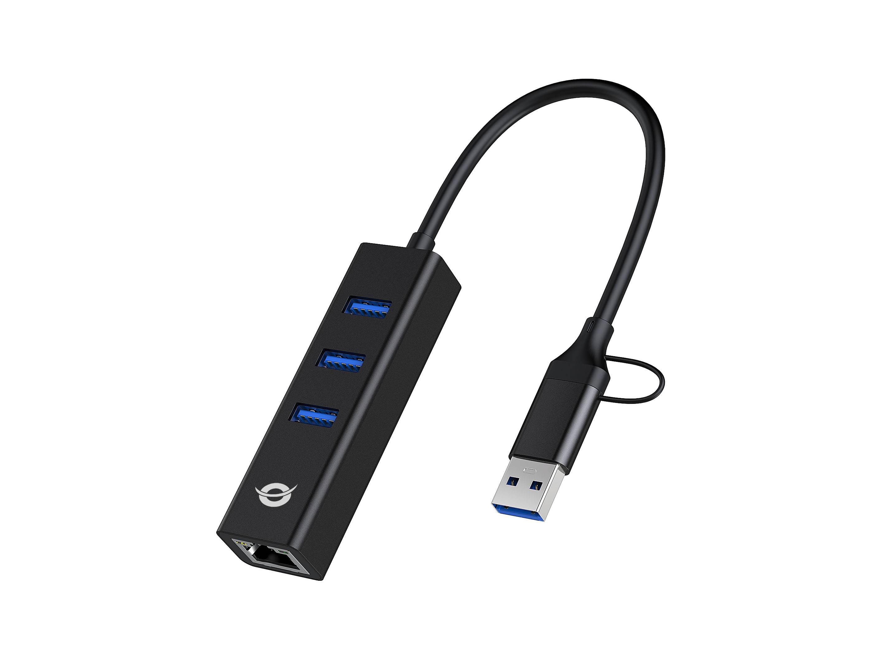 Conceptronic Adapter USB3.0-> RJ45.3xUSB3.0 TypC Ad 0.15m sw - Adapter - Netzwerk