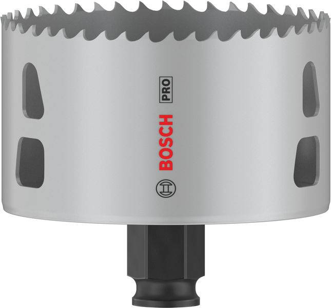 Bosch PRO Lochsäge mit silbernem zylindrischem Körper, seitlichen Schlitzen und schwarzer Dornbefestigung.