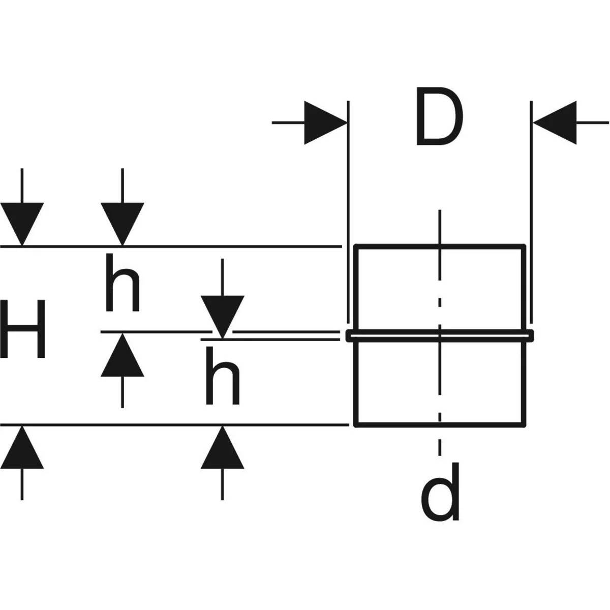 Technisches Diagramm eines gestuften zylindrischen Teils mit den Abmessungen D, d, H und h, wobei Pfeile den Außendurchmesser, Innendurchmesser und Höhenunterschiede anzeigen.