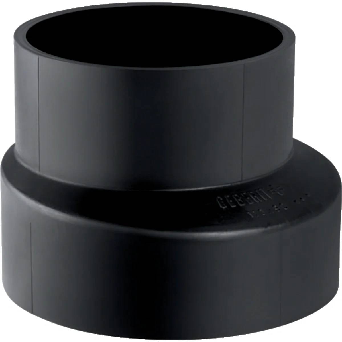 Schwarzer Kunststoffrohr-Adapter mit breiter Basis und erhöhter zylindrischer Öffnung, dargestellt vor einem einfachen weißen Hintergrund.