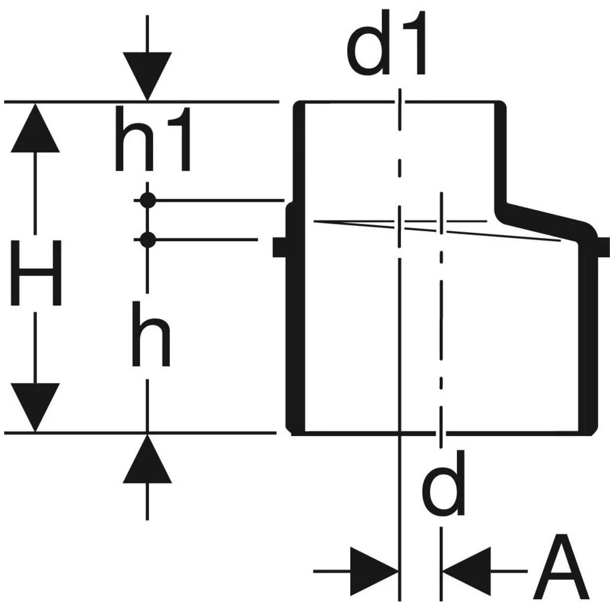Technische Maßzeichnung eines gestuften zylindrischen Teils mit den Maßen H, h1, h, d1, d und A mit Pfeilen, die Höhen und Durchmesser anzeigen.