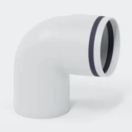 Weißes PVC-Rohrbogen-Sanitärfitting mit dunklem Dichtungsring, vor einfachem Hintergrund dargestellt.