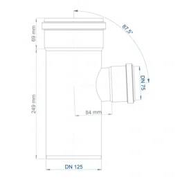 Technische Zeichnung einer PVC-Rohrverschraubung mit Abmessungen: Hauptkörper DN 125, Seitenauslass DN 75, Höhe 249 mm, Oberteil 69 mm, Versatz 84 mm und Winkel 87,5°.