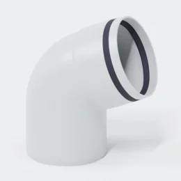 Weißes PVC-Rohrbogenfitting mit 90-Grad-Winkel und dunkler Gummidichtung an einem Ende, auf einfachem hellem Hintergrund dargestellt.